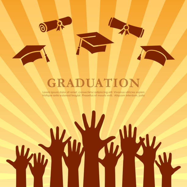 Graduation poster design, vector illustration Retro style striped graduation poster with students raised hands, vector cartoon graduation silhouettes stock illustrations