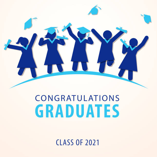Graduation Silhouette Congratulations on your graduation and join the ceremony for the class of 2021 graduates with silhouette of student jumping, throwing caps and holding certificates graduation silhouettes stock illustrations