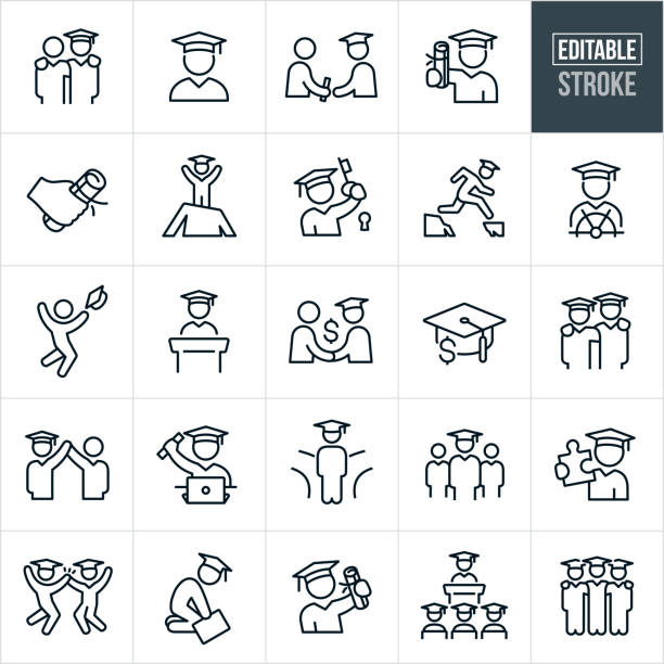A set of graduates graduating icons that include editable strokes or outlines using the EPS vector file. The icons graduates, graduation day, graduates receiving diplomas, diploma, graduates wearing graduation caps and gowns, overcoming obstacles, graduation speech, commencement and other graduating students in different situations.