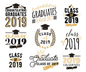 Graduation wishes overlays, lettering labels design set. Retro graduate class of 2019 badges. Hand drawn emblem with sunburst, hat, diploma, bell. Isolated. Sign or logo.