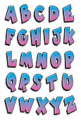 Vector illustration of a graffiti style blu and pink blend alphabet.