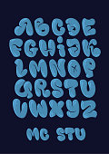 Graffiti bubble style alphabet set in blue colours.