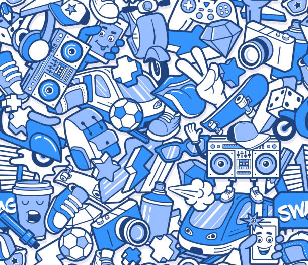 Graffiti seamless pattern with boys lifestyle elements. Crazy doodle abstract vector background. Trendy line icons collage in bizarre street art style. Graffiti seamless pattern with line icons collage graffiti patterns stock illustrations