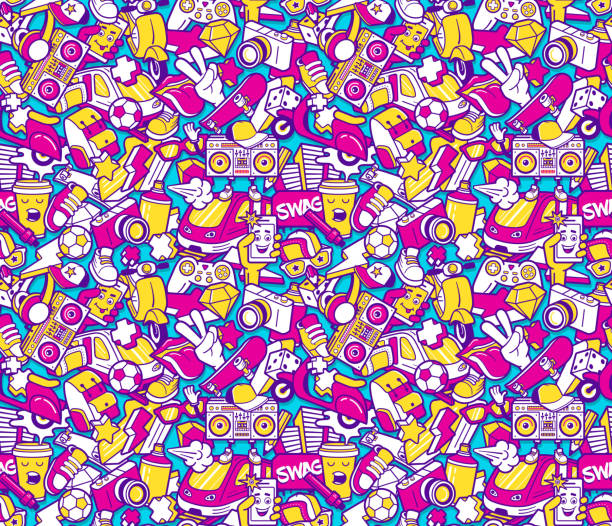Graffiti seamless pattern with line icons collage Graffiti seamless pattern with urban lifestyle line icons. Crazy doodle seamless abstract background. Trendy linear style graffiti collage with bizzare street art elements. Vector seamless pattern graffiti patterns stock illustrations