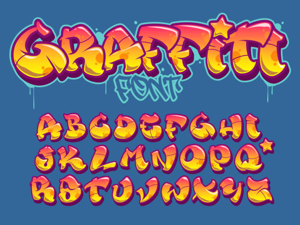 Graffiti style font. Orange and yellow colors vector alphabet Vector font in old school graffiti style. Capital letters alphabet. Fully customizable colors. graffiti stock illustrations