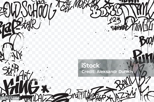 istock Graffiti tags border isolated on transparent background. Abstract street art decoration. Graffiti hand drawing texture. Element for banner, t-shirt design, textile, wrapping paper. Vector illustration 1196733156