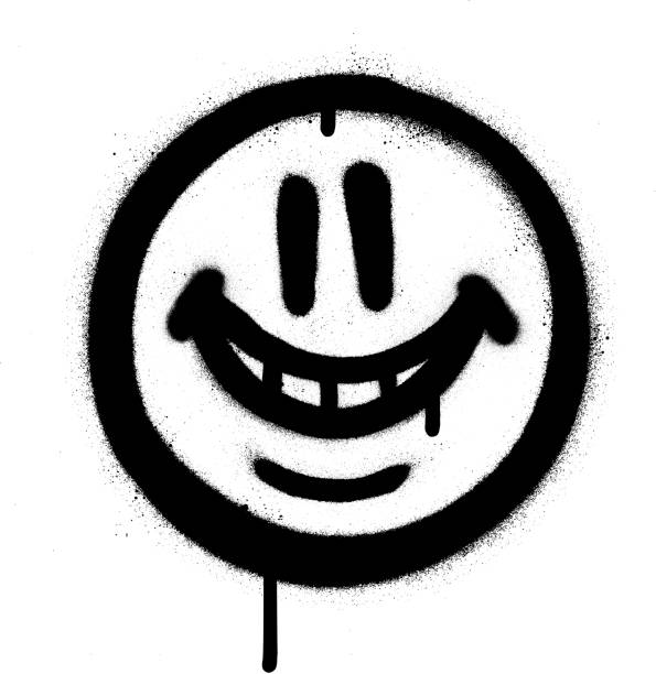 graffiti whimsical smile emojo sprayed in black on white  graffiti stock illustrations