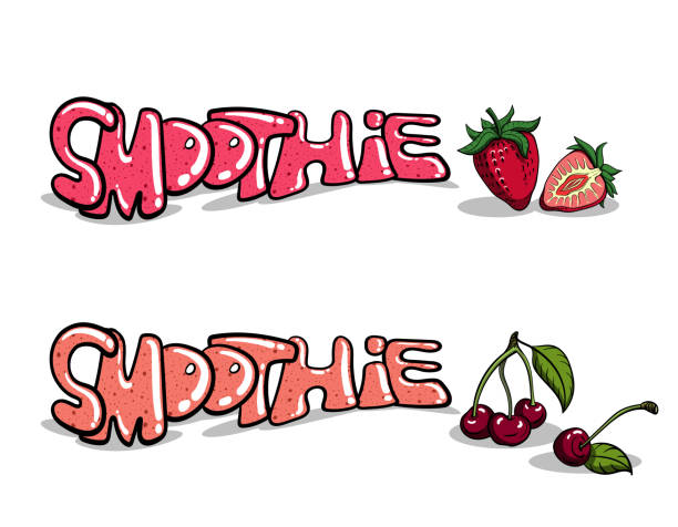Graffiti_WIth_Strawberry_And_Cherry Set of words-Smoothie in graffiti style with berries for your design. Vector illustration strawberry smoothie stock illustrations