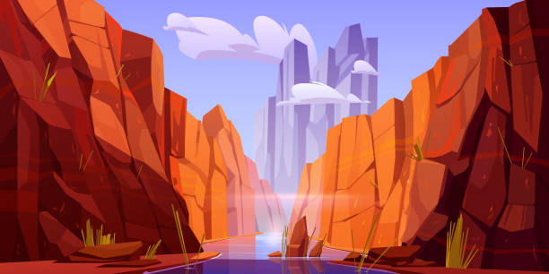 illustrazioni stock, clip art, cartoni animati e icone di tendenza di grand canyon con fiume sul fondo, parco dell'arizona - canyon