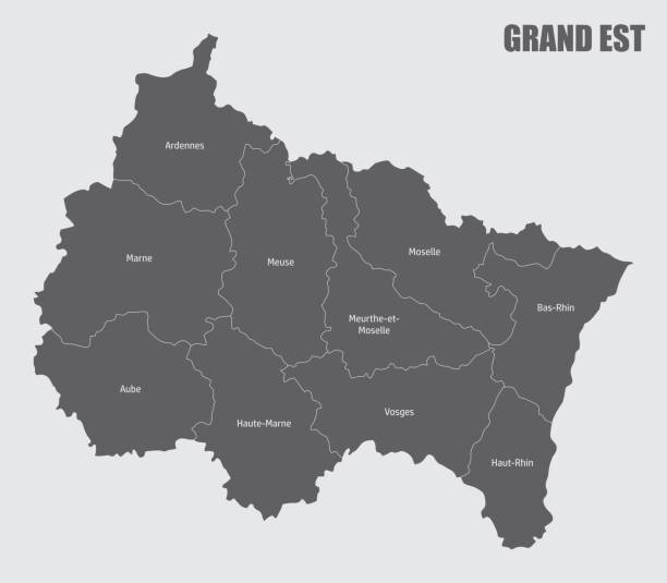 Grand Est administrative map Grand Est administrative map divided in departments with labels, France lorraine stock illustrations