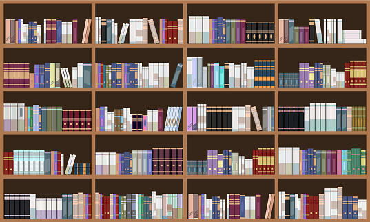 Grand Library book shelf. Flat color Vector illustration.