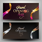 Grand opening banners with two coloured sparkling ribbons. Vector illustration