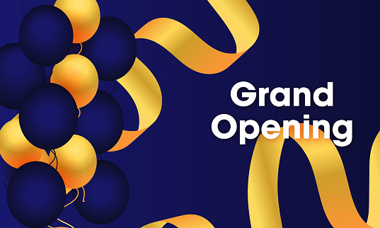 grand opening black banner with golden and blue balloons. stock illustration
