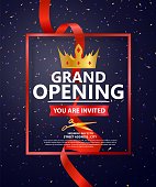 Vector Illustration of Grand opening card design with gold and ribbon with confetti

eps10