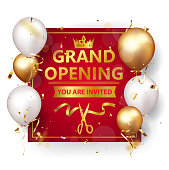 Vector Illustration of Grand opening card design with gold and ribbon with confetti

eps10