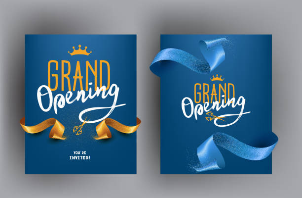 Grand opening cards with sparkling cut ribbons. Vector illustration  opening stock illustrations