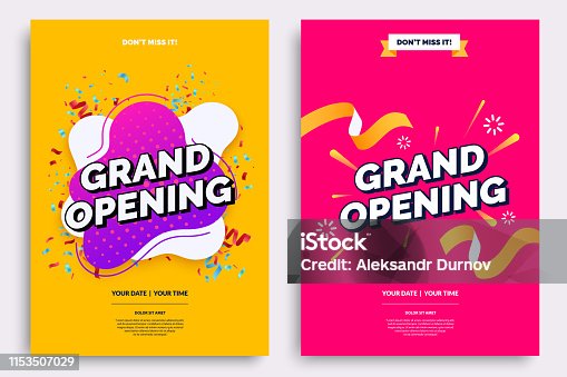 istock Grand opening invitationt template. Colorful creativity design with bold text, bright background and a burst of confetti. Ribbon cutting ceremony. Vector illustration. 1153507029