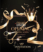 Grand opening Vip invitation card with crown and golden ribbons. Vector illustration