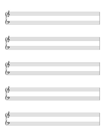 Grand staff, also called great stave. Empty sheet of notes template. Two staves are joined by a brace to be played by one performer on a keyboard instrument or harp. Illustration over white. Vector.