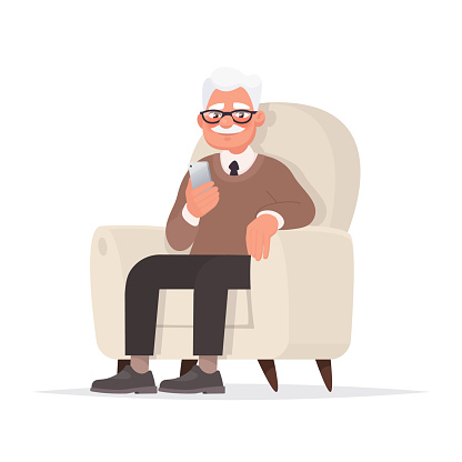 Grandfather sits in a chair and holds a phone in his hand. Vector illustration