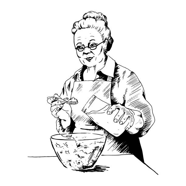 oma bereitet salat, mittagessen, setzen mayonnaise aus einer dose. vektor-illustration, skizze, linienkunst, doodle - oma kocht stock-grafiken, -clipart, -cartoons und -symbole