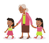 Grandmother with her grandchildren walking, she takes them by the hand.Two girls, tweens. Cartoon style, isolated on white background. Vector illustration.