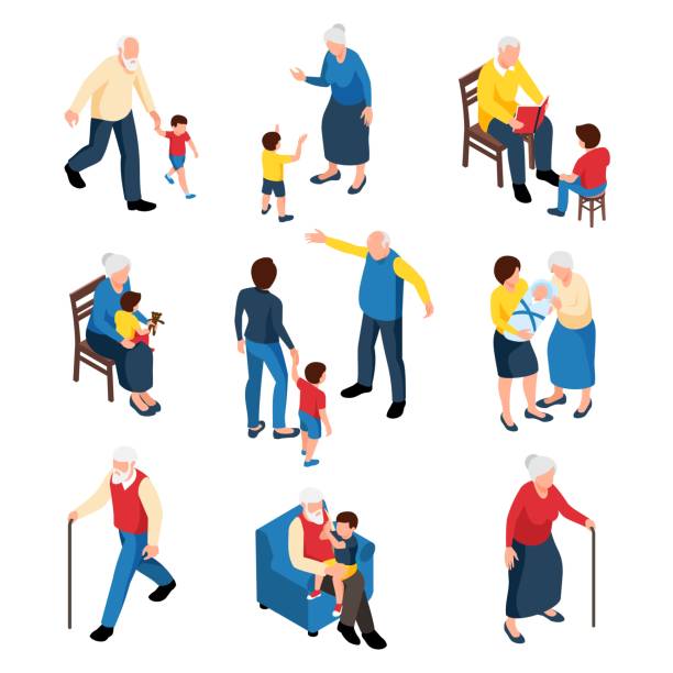 Grandmother And Grandfather With Grandchildren Family isometric set with grandmother and grandfather babysitting their grandchildren isolated vector illustration baby human age stock illustrations