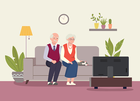 Grandmother, grandfather and cat sitting on the couchand watching TV . Vector flat illustration