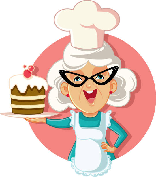 großmutter holding kuchen vector cartoon - oma kocht stock-grafiken, -clipart, -cartoons und -symbole