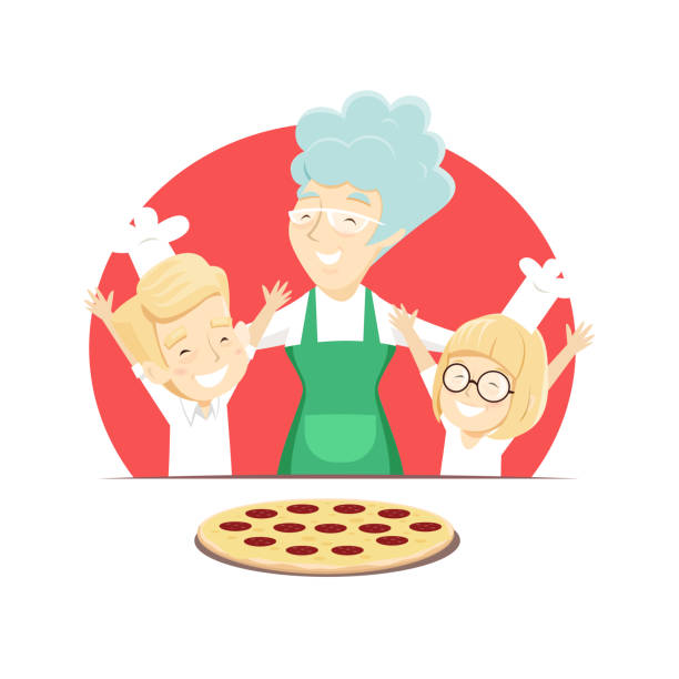 großmutter mit enkeln backt italienische pizza - oma kocht stock-grafiken, -clipart, -cartoons und -symbole