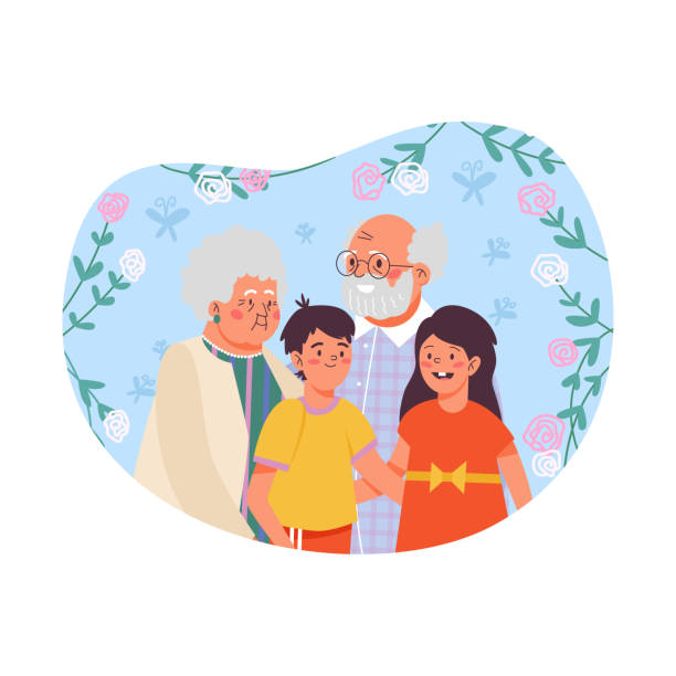 ilustrações de stock, clip art, desenhos animados e ícones de grandparents and grandchildren at floral backdrop flat vector illustration. - grandparents hug