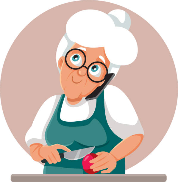 ilustrações de stock, clip art, desenhos animados e ícones de granny talking on the phone while cooking vector cartoon - woman chopping vegetables