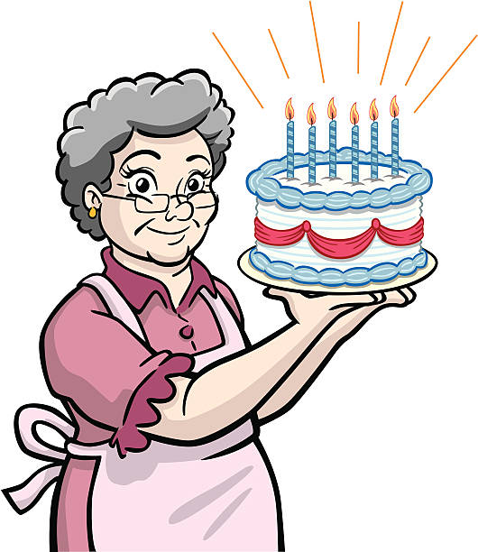 granny mit geburtstag kuchen - oma kocht stock-grafiken, -clipart, -cartoons und -symbole