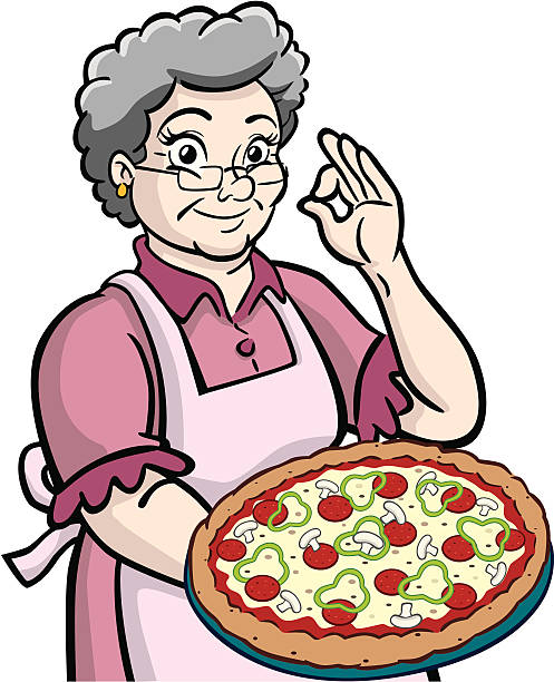 granny mit pizza - oma kocht stock-grafiken, -clipart, -cartoons und -symbole
