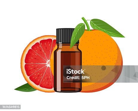 istock Grapefruit essential oil in brown glass bottle, herbal alternative medicine treatment product, vector Illustration on white background 1414549815