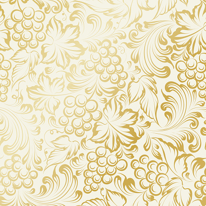 Grapes and leaves drawn in gold on a white background