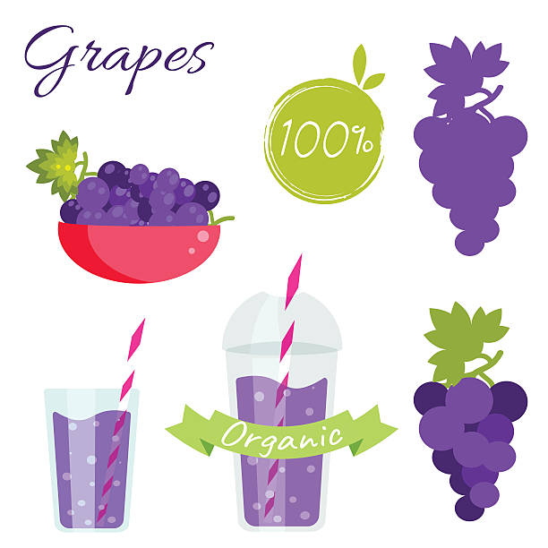 Grapes fruit and juice vector set Grapes fruit and juice cup to go vector set. Grapes fruit with leaf in bowl. Grapes icon. Grapes juice or jam branding set. Grapes silhouette for package. Organic Grapes. smoothie silhouettes stock illustrations