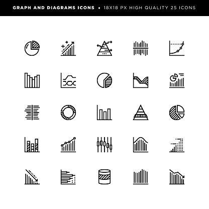 18 x 18 pixel high quality editable stroke line icons. These 25 simple modern icons are include icons of various charts and diagrams.