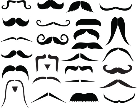Graphic art of numerous mustache designs in black on white