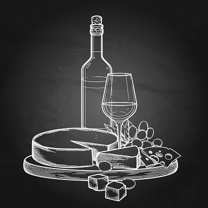 Graphic bottle and glass of wine with camembert cheese and grapes