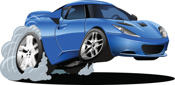 Graphic cartoon of a modern blue sports car in motion
