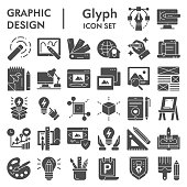 Graphic design glyph icon set, art tools symbols collection, vector sketches, logo illustrations, drawing equipment signs solid pictograms package isolated on white background, eps 10