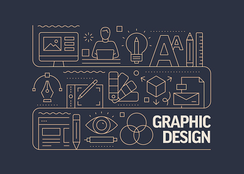 Graphic Design Related Vector Banner Design Concept, Modern Line Style with Icons