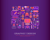 Abstract vector illustration with objects related to graphic design on a dark violet background.