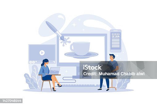 istock Graphic designer or digital illustrator concept. Picture on the device screen. Digital drawing with electronic tools and equipment. Creativity concept. Flat illustration vector 1427048544