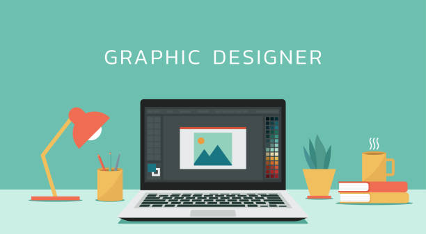 graphic designer with program editing software on laptop computer screen graphic designer with program editing software on laptop computer screen, vector design illustration graphic designer stock illustrations