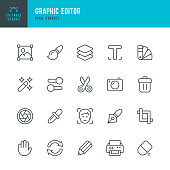 Graphic Editor - thin line vector icon set. 20 linear icon. Pixel perfect. Editable outline stroke. The set contains icons: Image Editor, Camera, Magic Wand, Color Swatch, Eyedropper, Pen, Pencil, Human Face, Layers, Trash Icon, Computer Printer, Eraser,  Aperture, Font, Crop Frame, Hand, Paintbrush.