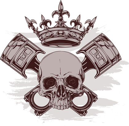 Graphic human skull with crown and crossed pistons