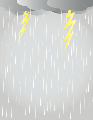 Graphic illustration of rain, clouds and lightning bolts