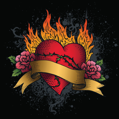 Graphic of heart on fire banner tattoo with roses